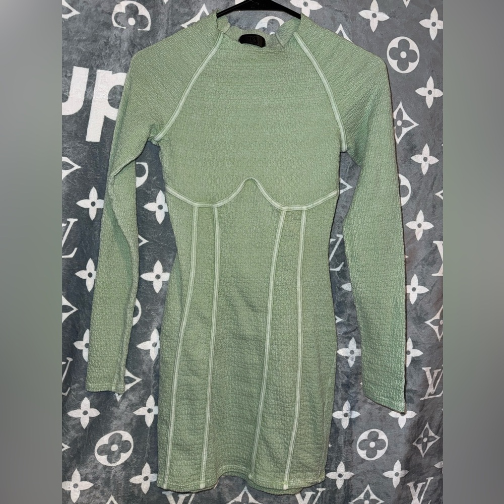 Green Long Sleeve Textured Dress